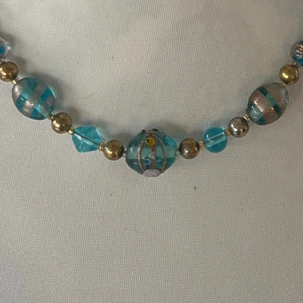 Vintage Aqua Blue Glass Beaded Necklace with Gold Tone Accents